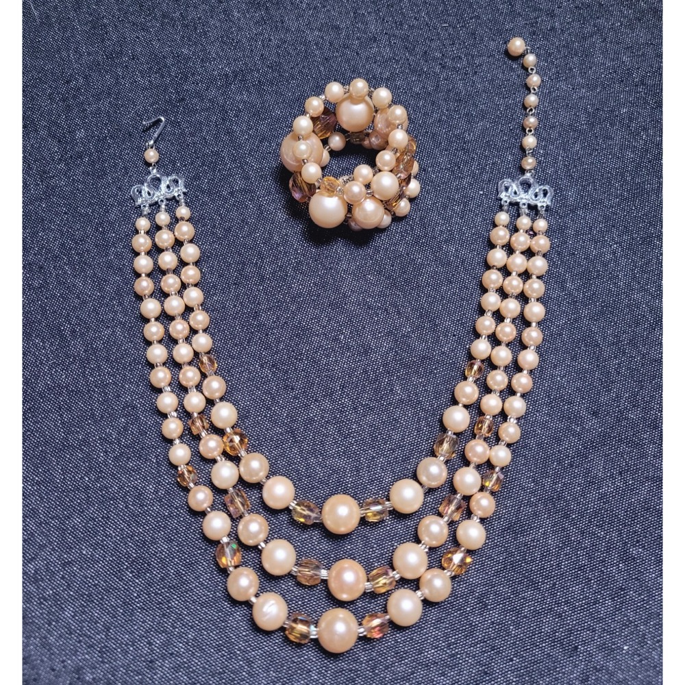 Vintage 50s 60s Beaded‎ Necklace Brown Tan Japan Layered 3 Strand Bracelet Set
